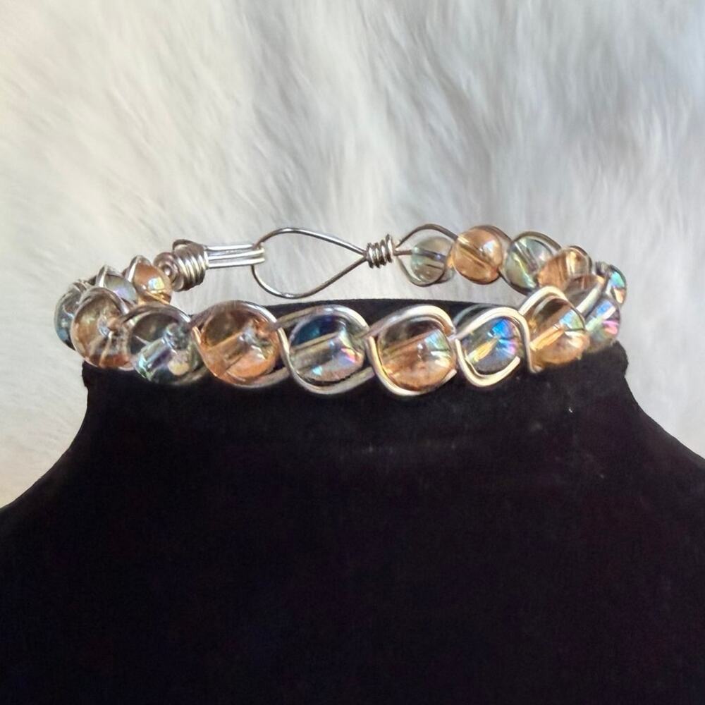 Multicolor glass beads bracelet braided copper wire wrap